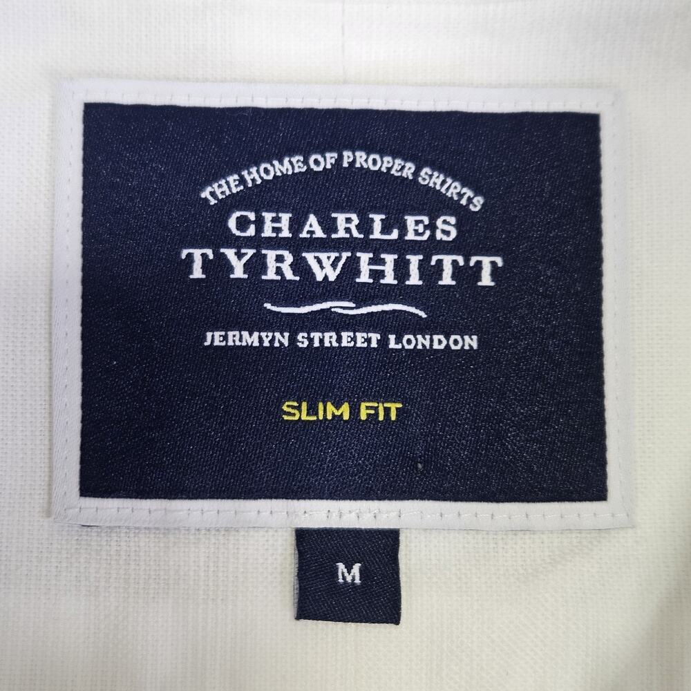Charles Tyrwhitt Collarless Cotton Linen Shirt Men M Slim Fit White Button Front - Picture 4 of 14